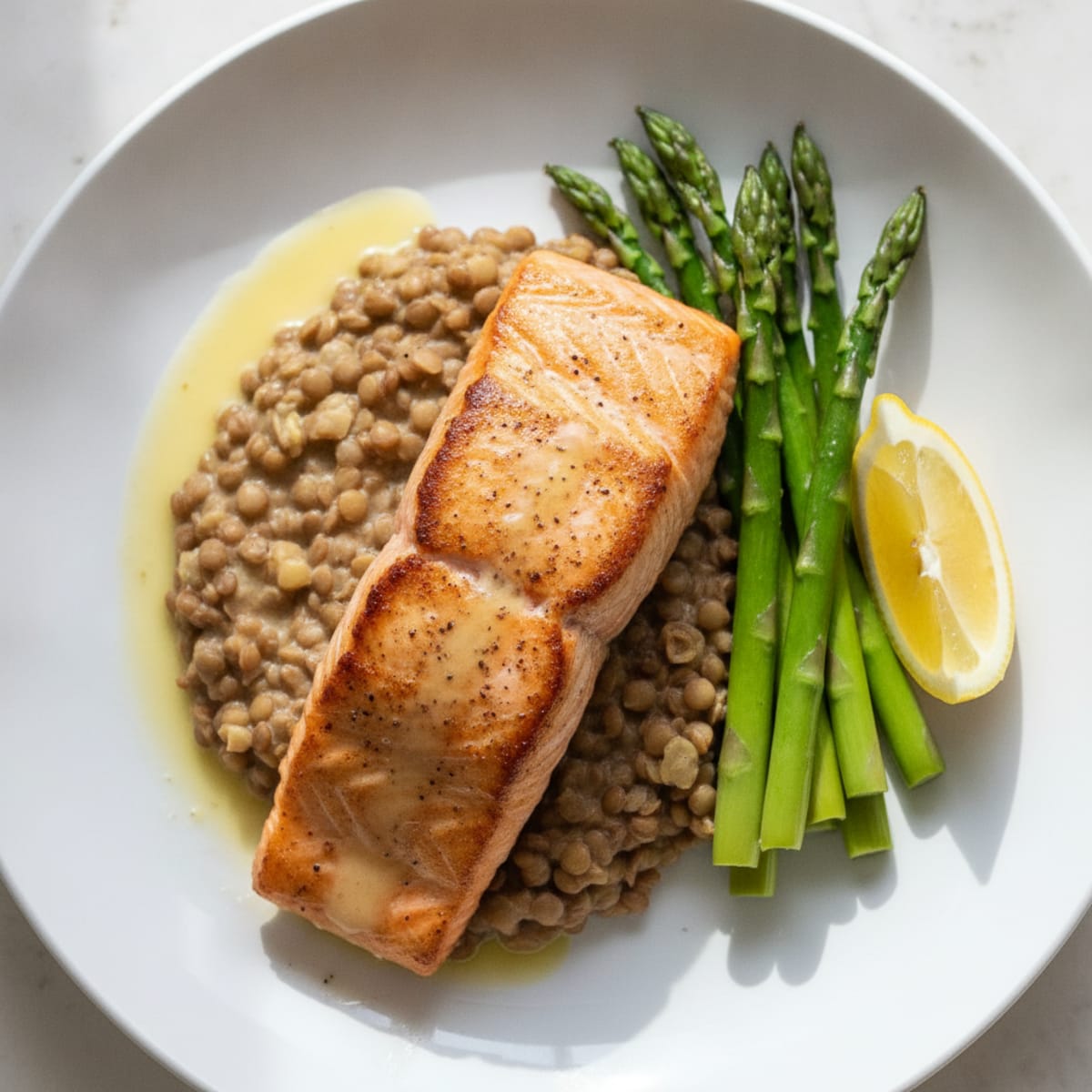 Seared Salmon Fillet with Steamed Asparagus and Lentil Mash