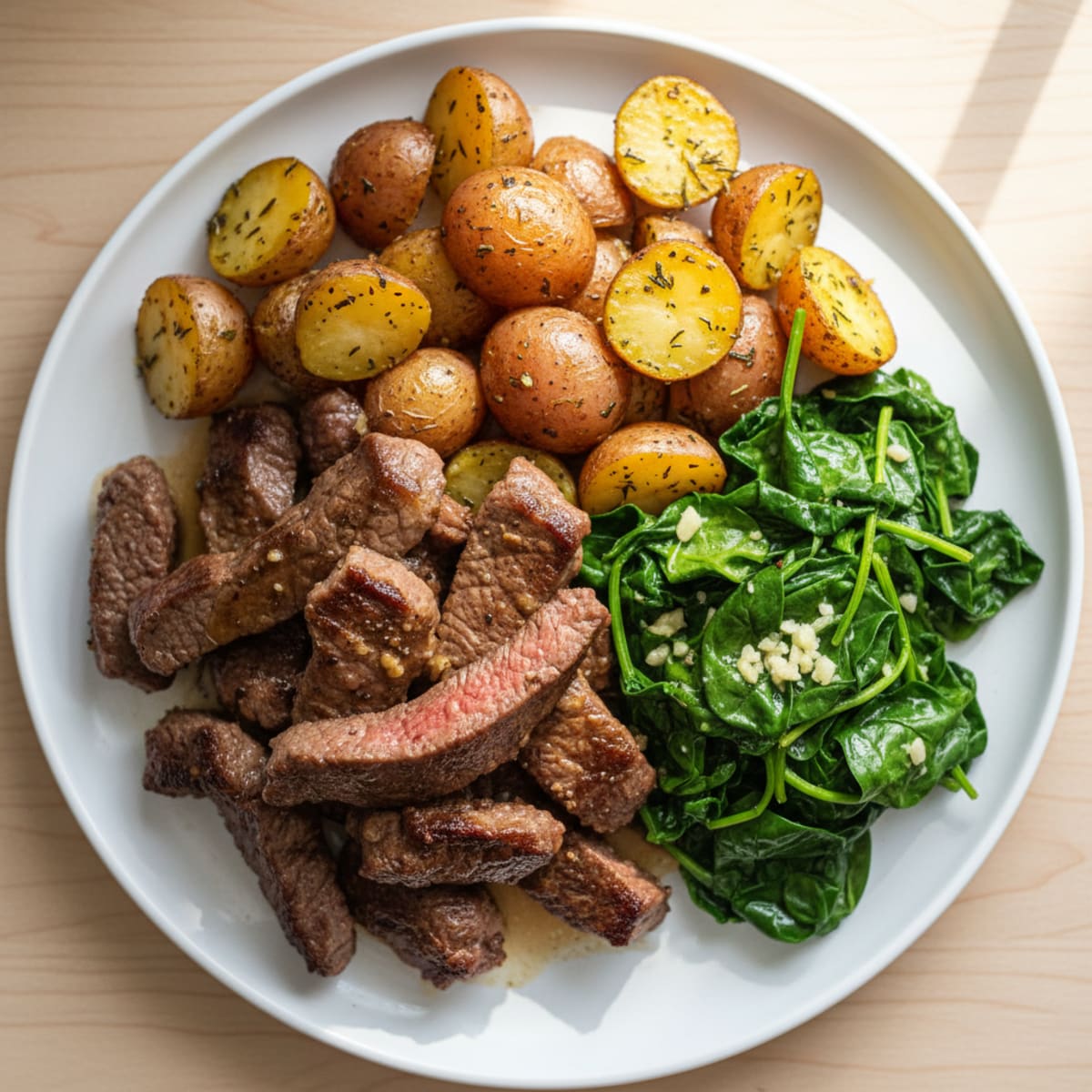 Seared Beef Strips with Roasted Potatoes and Garlic Spinach