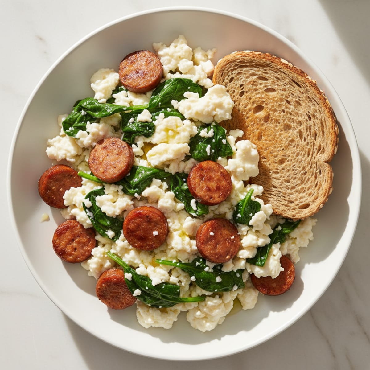 Egg White and Chicken Sausage Scramble with Spinach