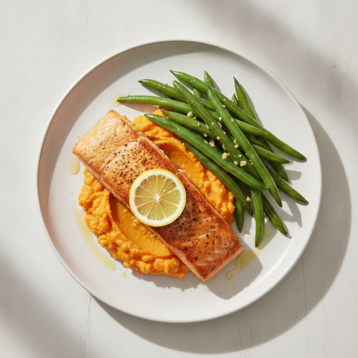 Seared Salmon with Garlic Green Beans and Sweet Potato Mash