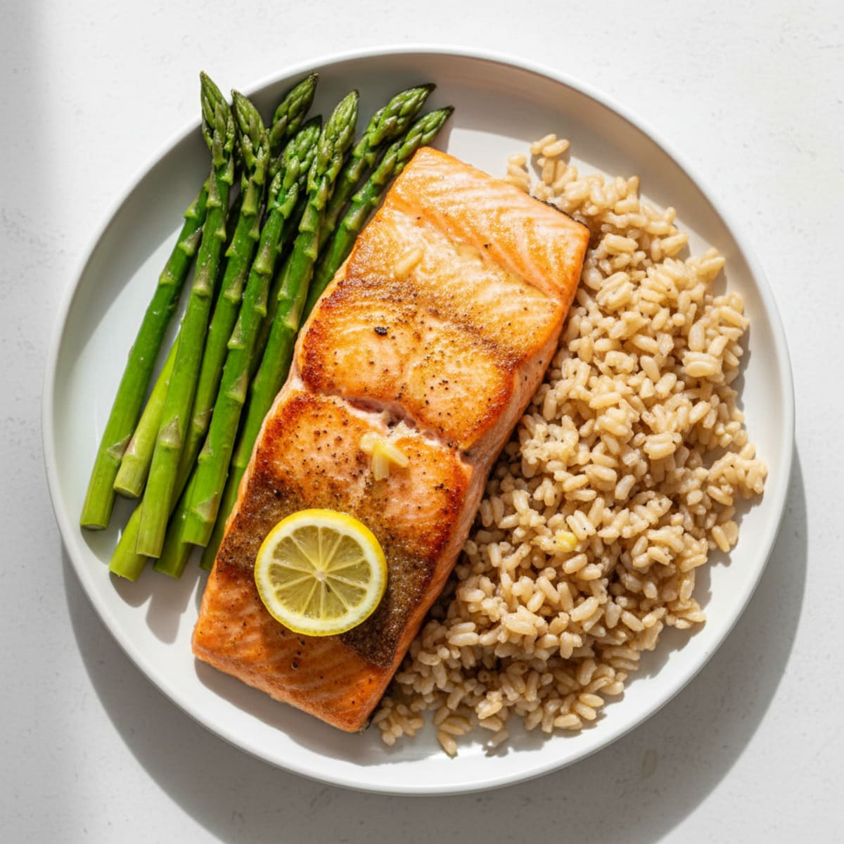 Seared Salmon with Steamed Asparagus and Brown Rice