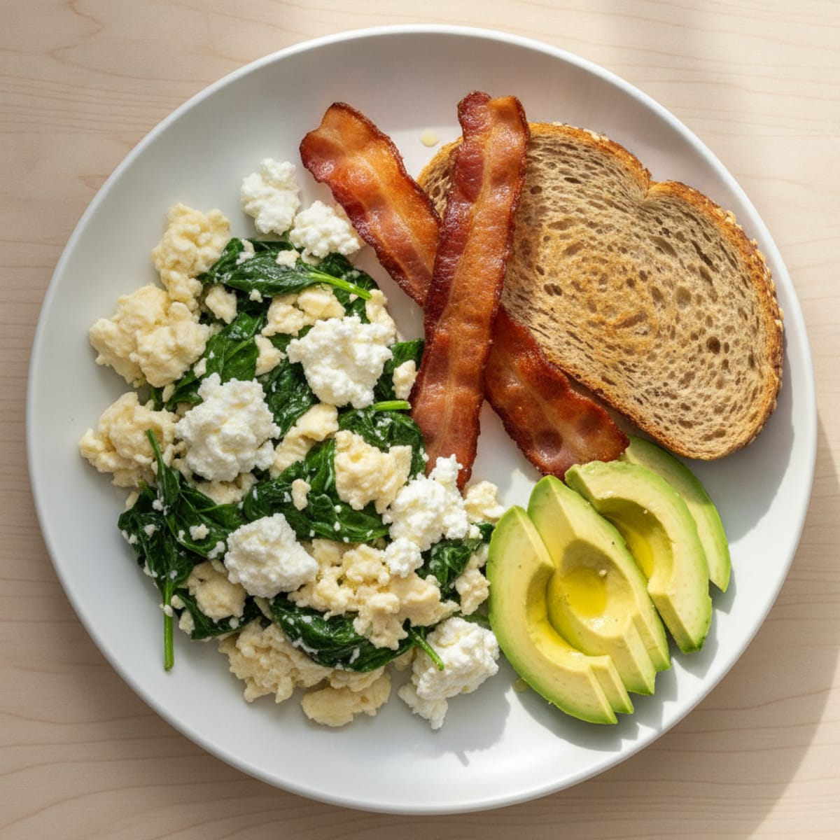 Egg White Spinach Scramble with Turkey Bacon and Cottage Cheese