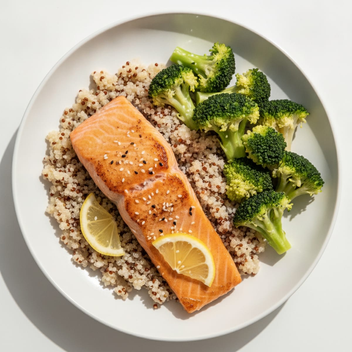 Seared Salmon Fillet with Steamed Broccoli and Quinoa