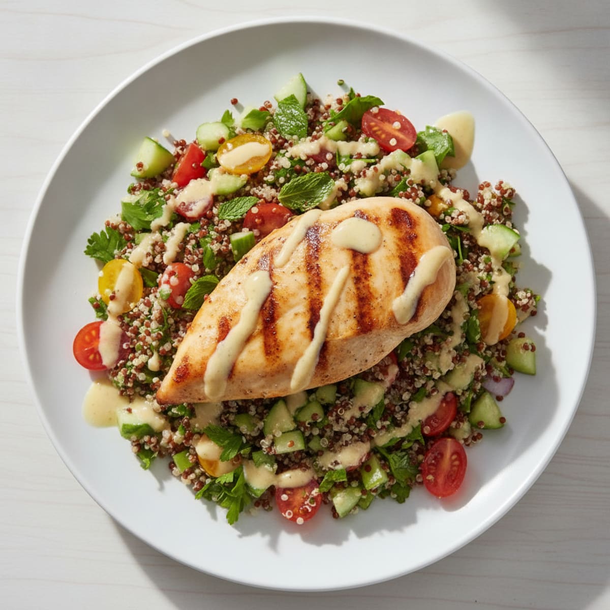 Grilled Chicken Breast with Quinoa Tabbouleh and Lemon Tahini Drizzle