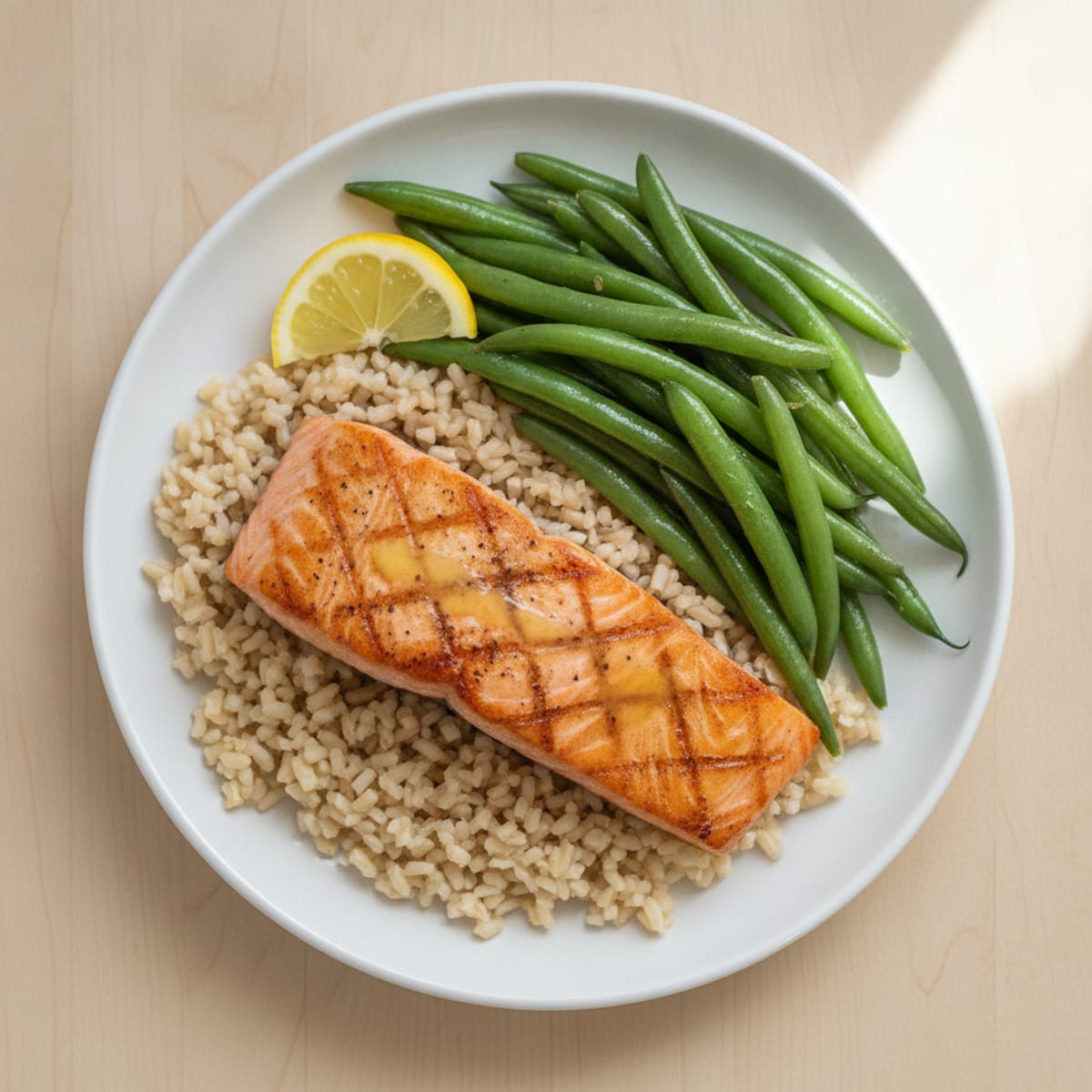 Seared Salmon Fillet with Steamed Green Beans and Brown Rice