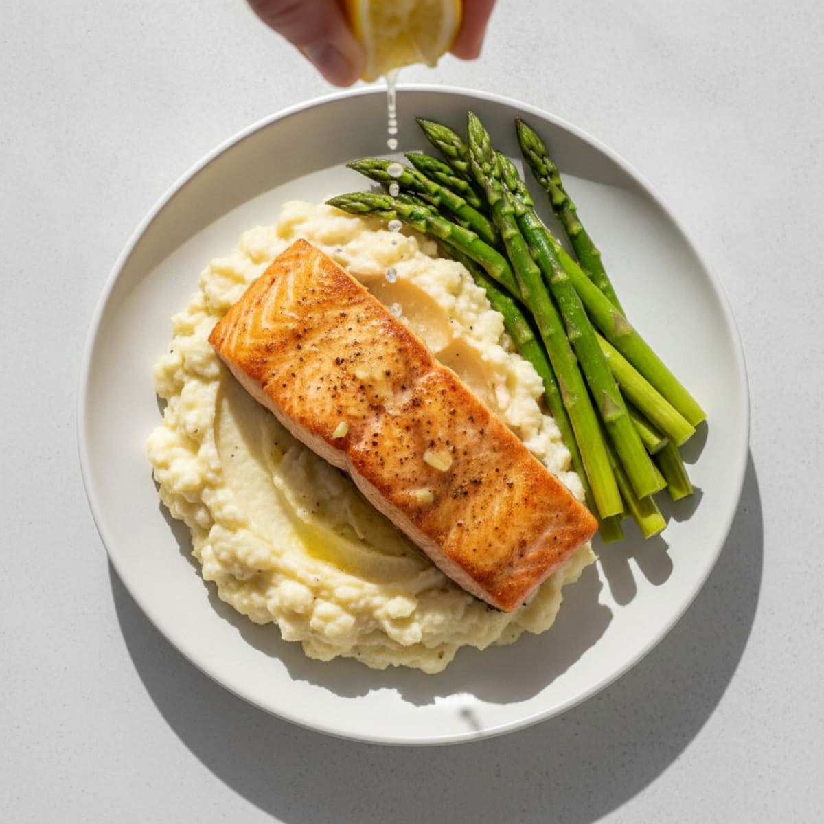Seared Salmon with Steamed Asparagus and Garlic Mashed Cauliflower