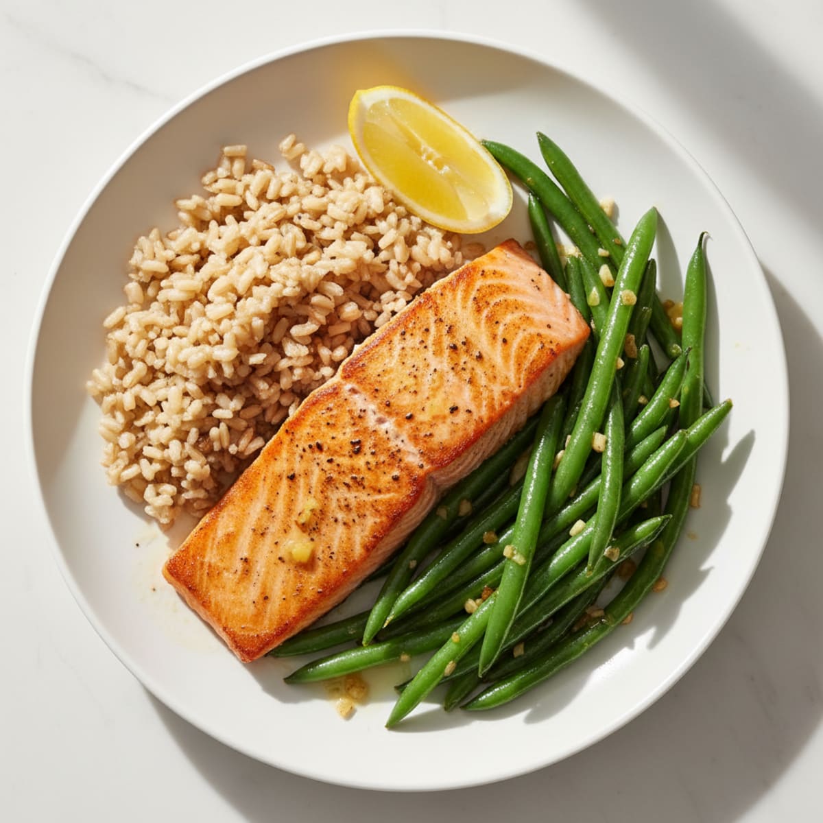 Seared Salmon Fillet with Garlic Green Beans and Brown Rice