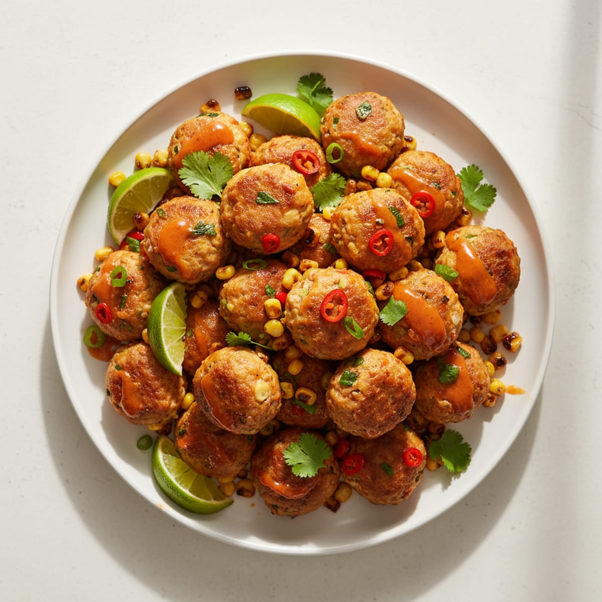 Spicy Chicken Meatballs with Roasted Corn and Chili Salad