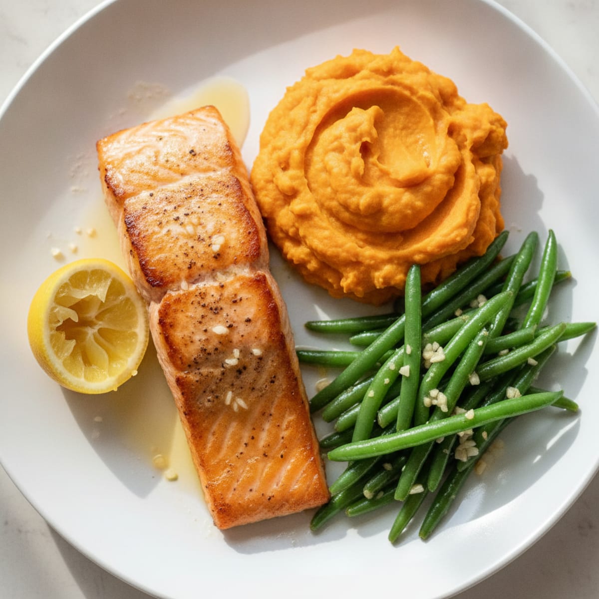 Seared Salmon with Garlic Green Beans and Mashed Sweet Potato