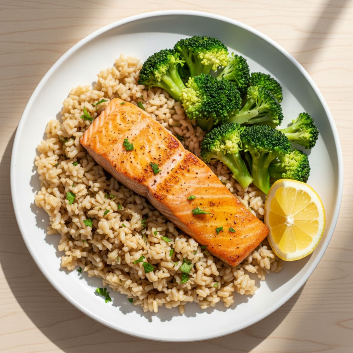 Seared Salmon with Steamed Broccoli and Garlic Herb Rice