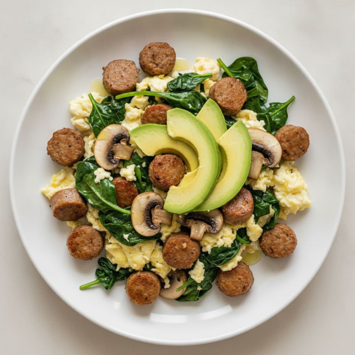 Egg White and Turkey Sausage Scramble with Spinach and Sautéed Mushrooms