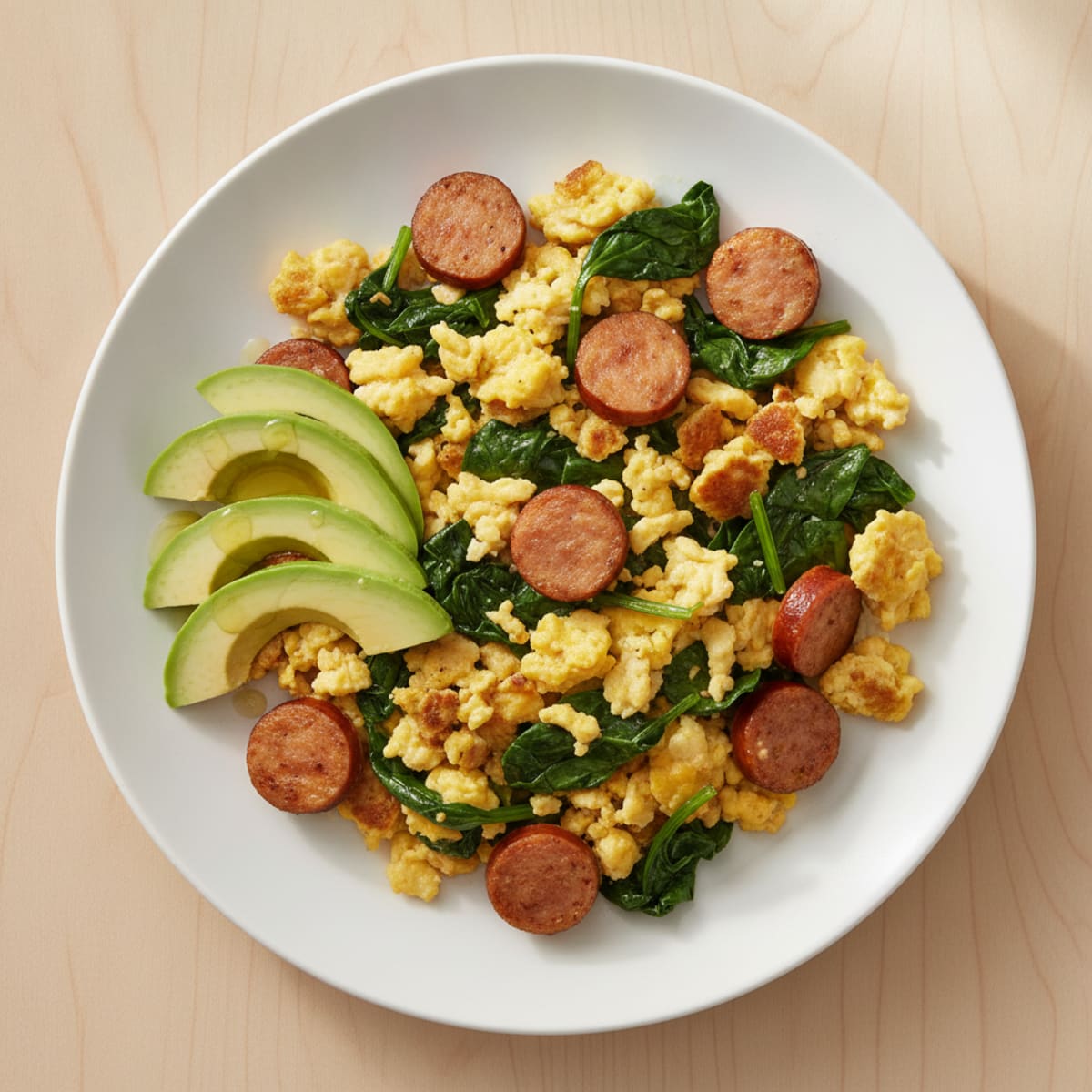 Scrambled Eggs with Turkey Sausage and Sautéed Spinach