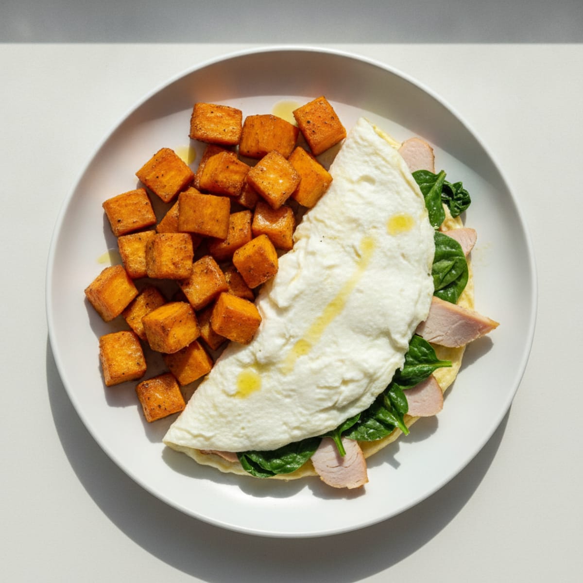 Egg White Omelet with Turkey, Spinach, and Roasted Sweet Potato