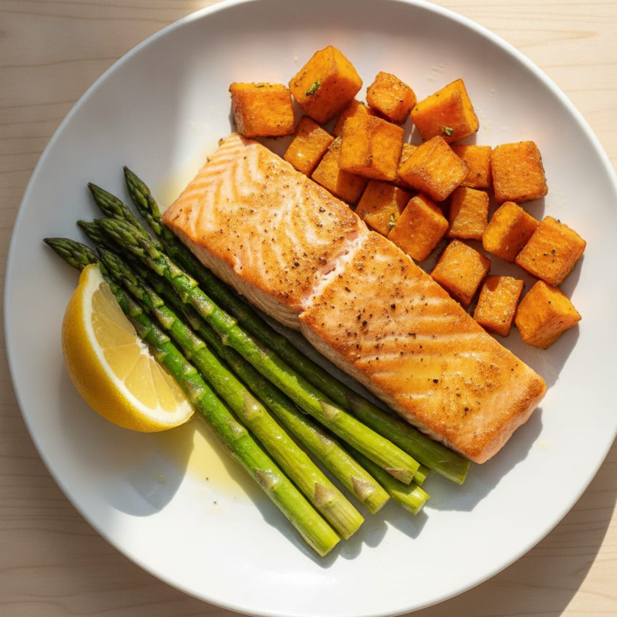Seared Salmon with Roasted Sweet Potatoes and Asparagus
