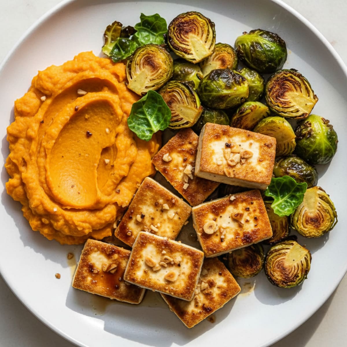 Ginger-Garlic Seared Tofu with Roasted Brussels Sprouts and Sweet Potato Mash