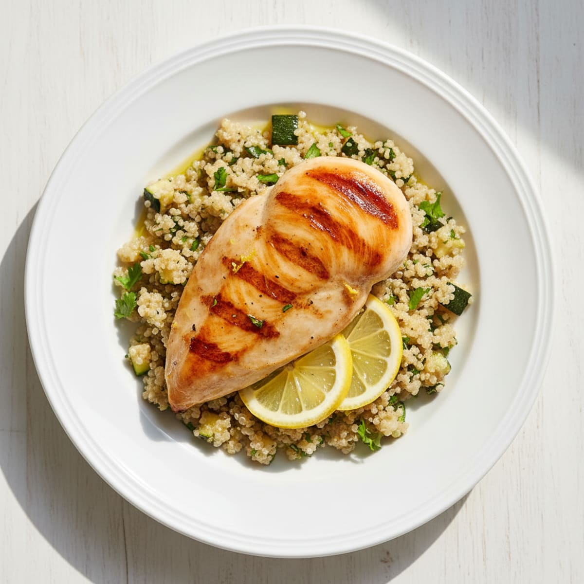 Grilled Chicken Breast with Herbed Quinoa and Olive Oil Drizzle