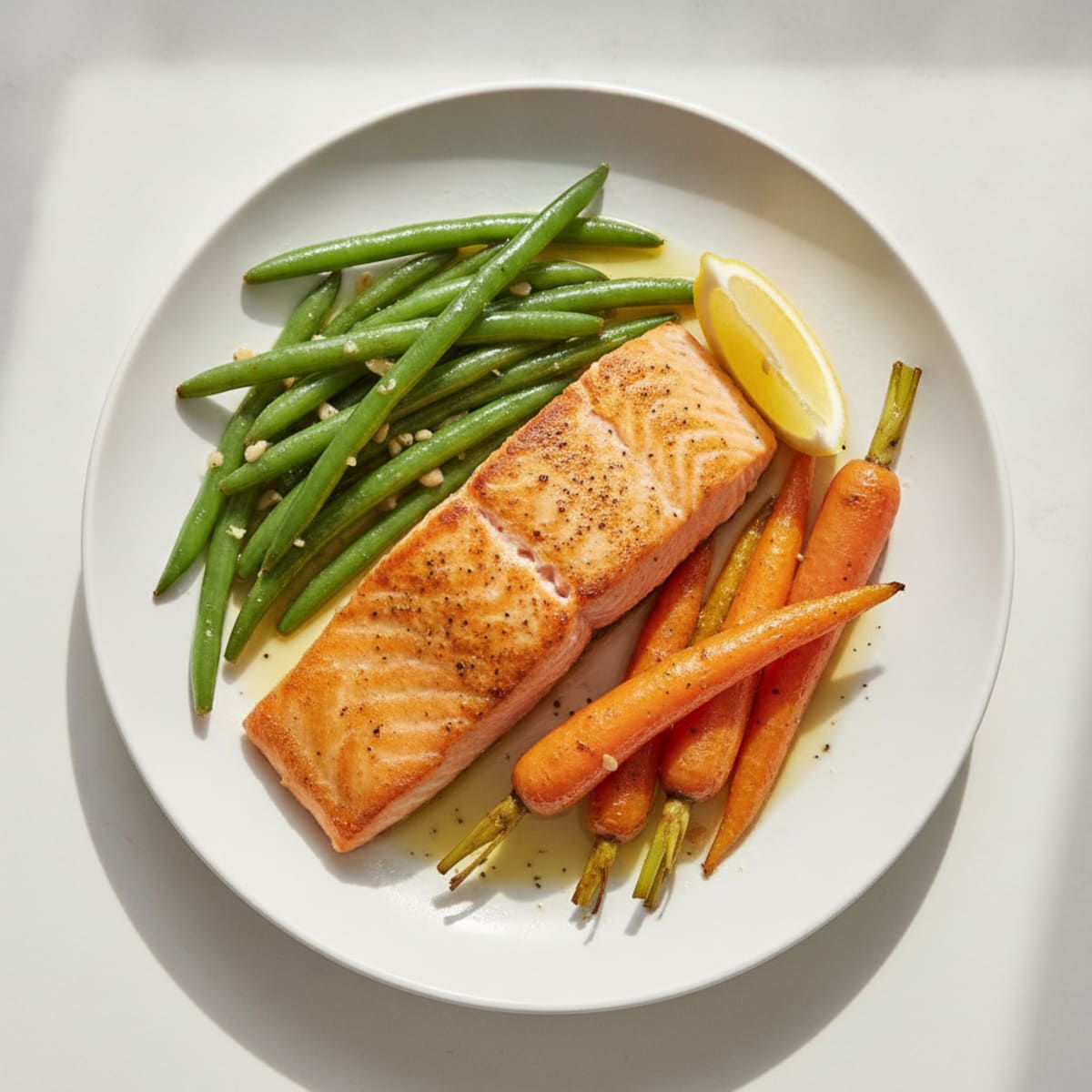 Seared Salmon Fillet with Garlic Green Beans and Roasted Carrots