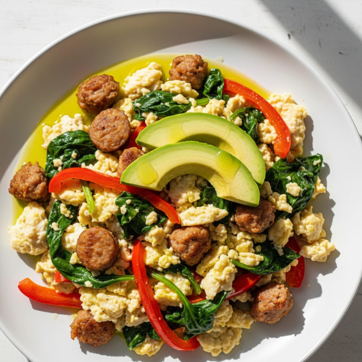 Egg White and Turkey Sausage Scramble with Spinach and Bell Peppers