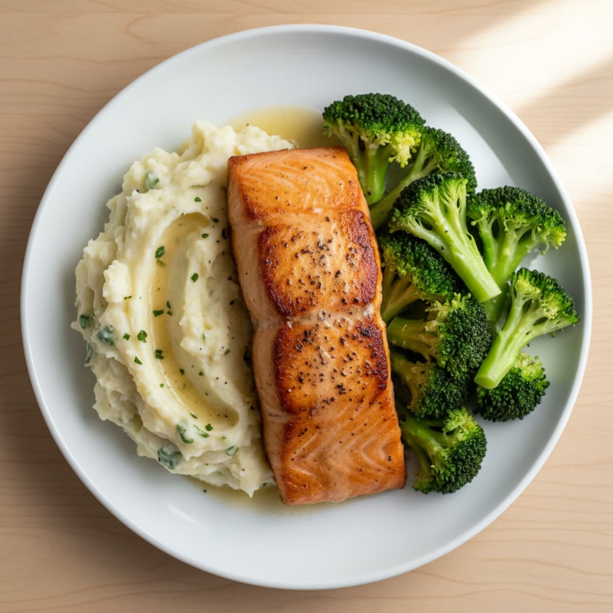 Seared Salmon with Steamed Broccoli and Garlic Mashed Potatoes
