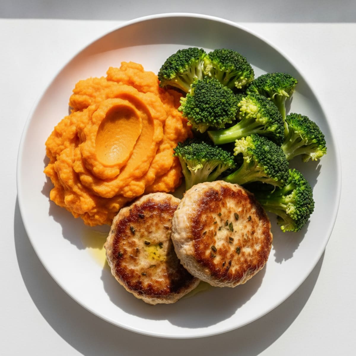 Seared Turkey Patties with Steamed Broccoli and Sweet Potato Mash
