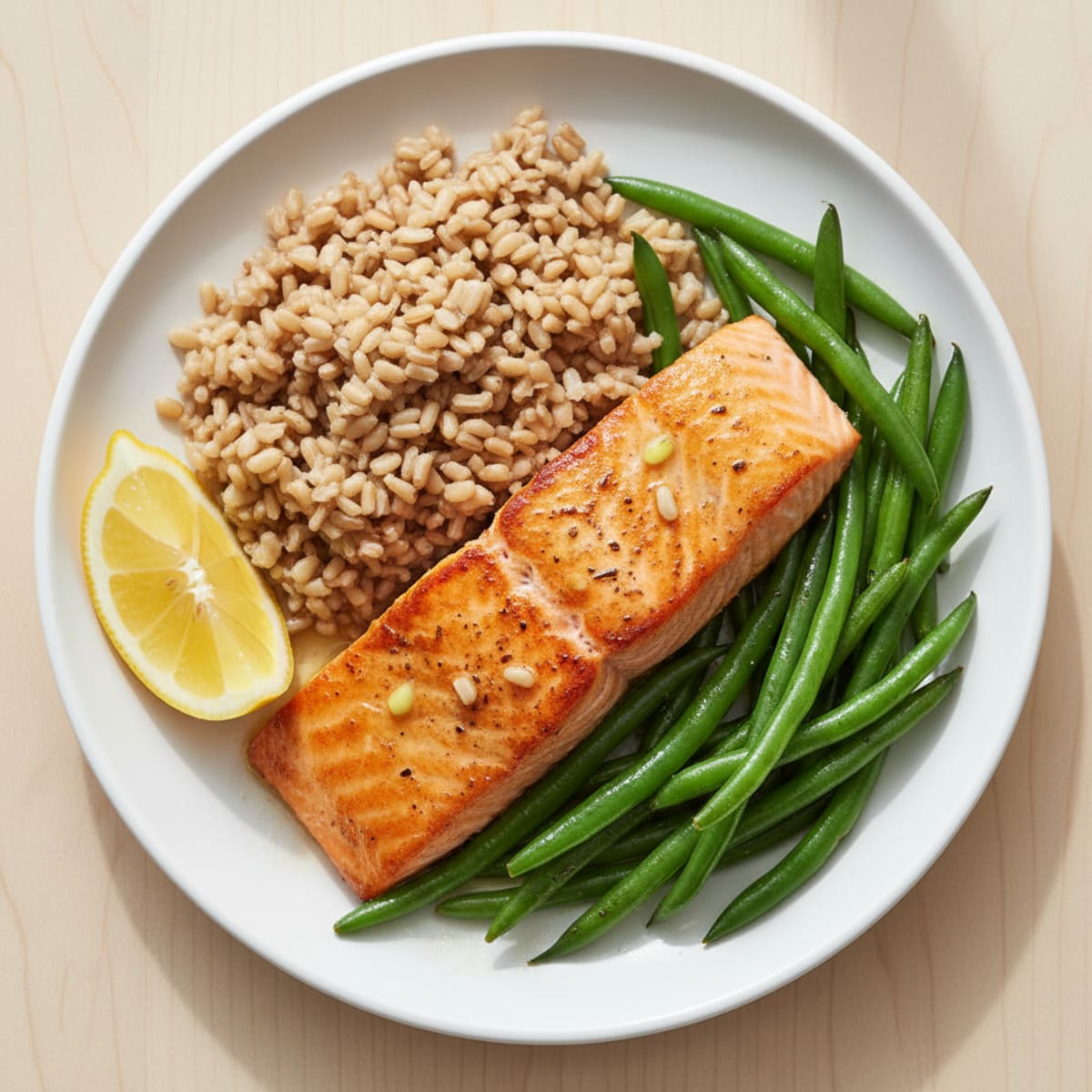 Seared Salmon with Steamed Green Beans and Brown Rice