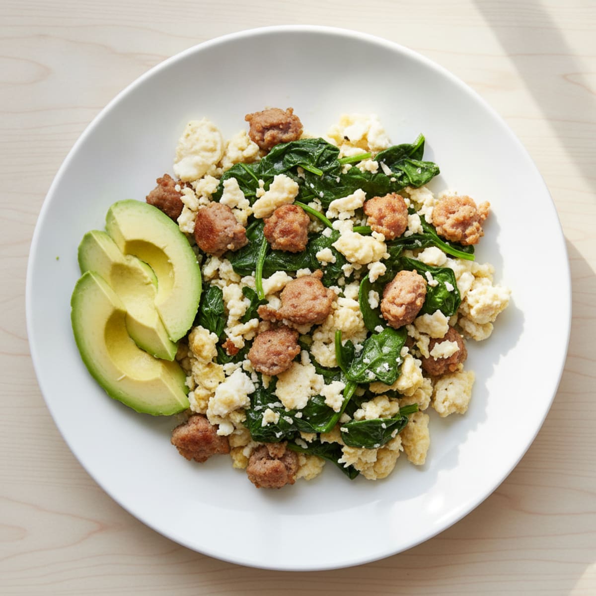 Egg White Scramble with Turkey Sausage and Sautéed Spinach