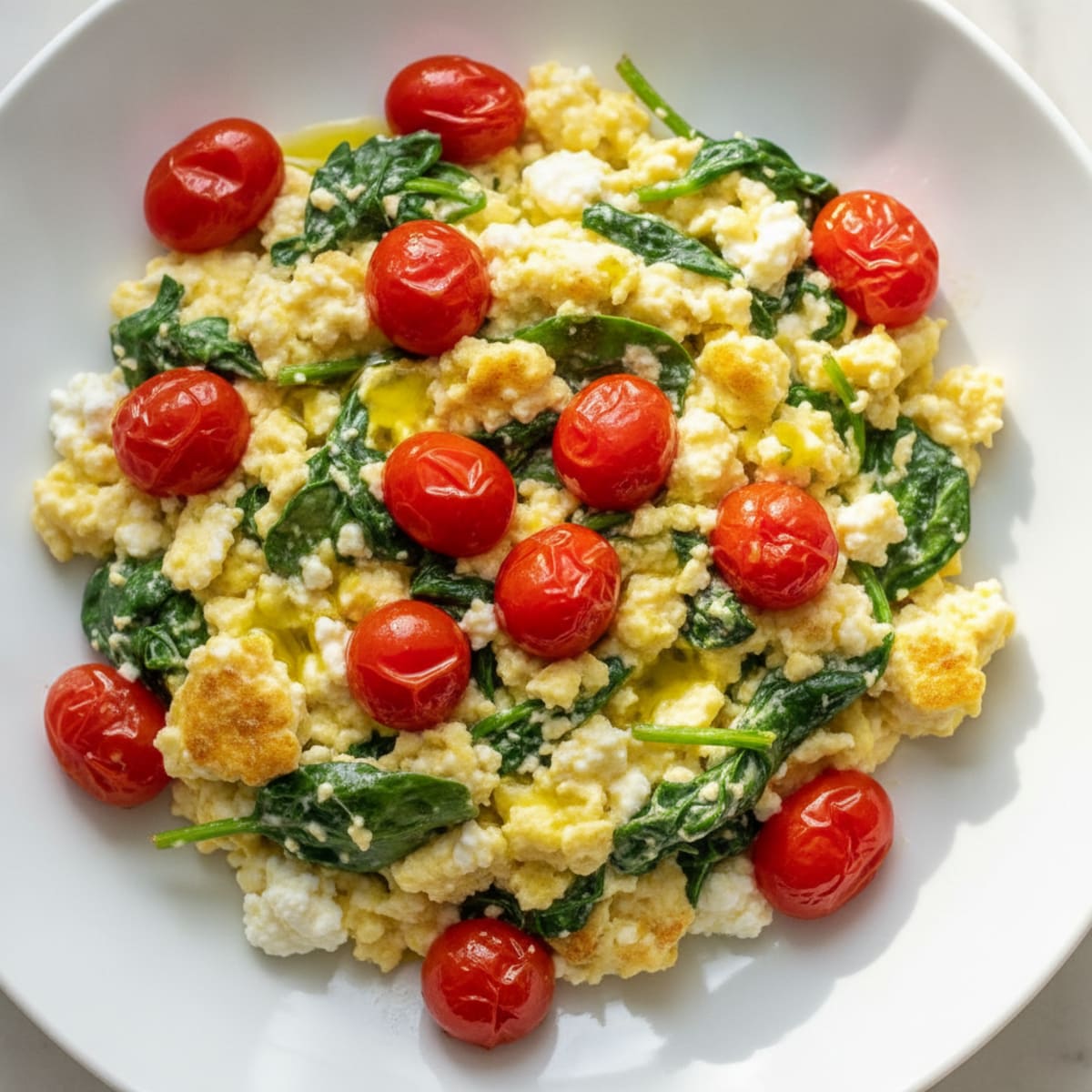 Cottage Cheese Egg Scramble with Spinach and Cherry Tomatoes