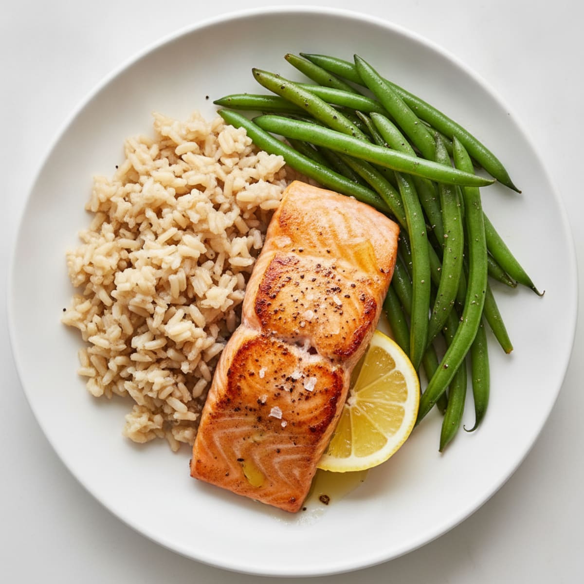 Seared Salmon with Steamed Green Beans and Brown Rice