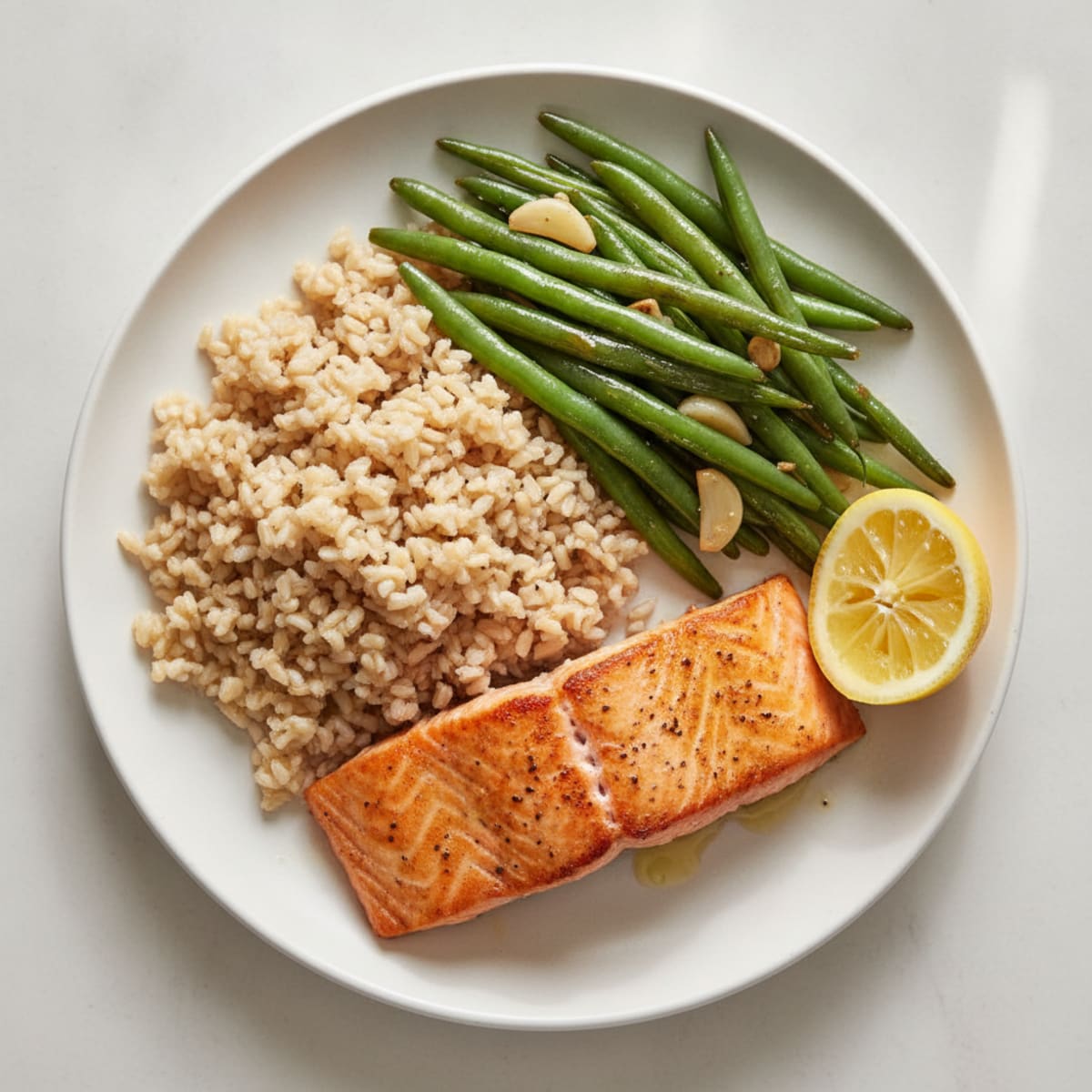 Seared Salmon with Garlic Green Beans and Brown Rice