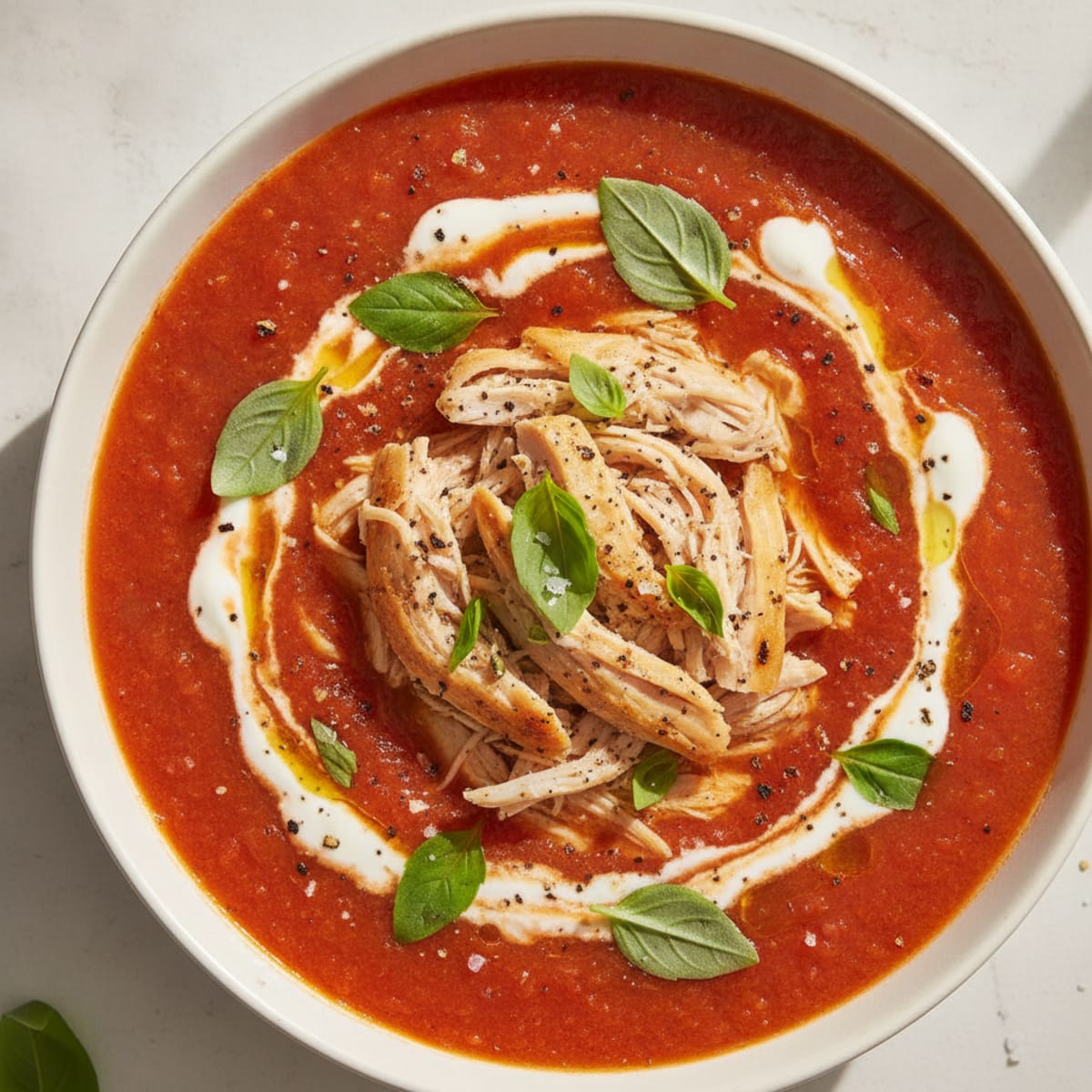 Roasted Tomato Basil Soup with Shredded Chicken