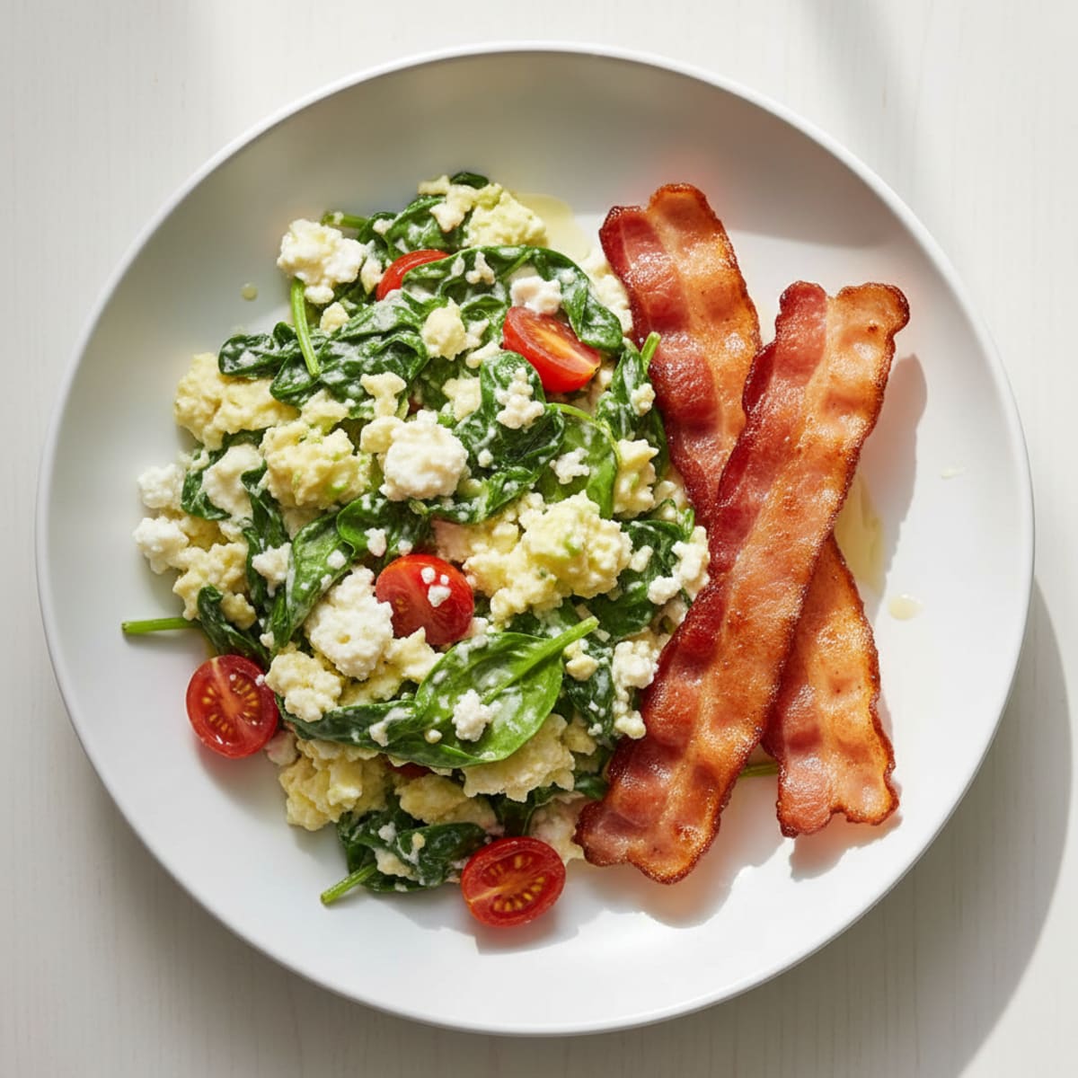 Cottage Cheese Scramble with Spinach and Turkey Bacon