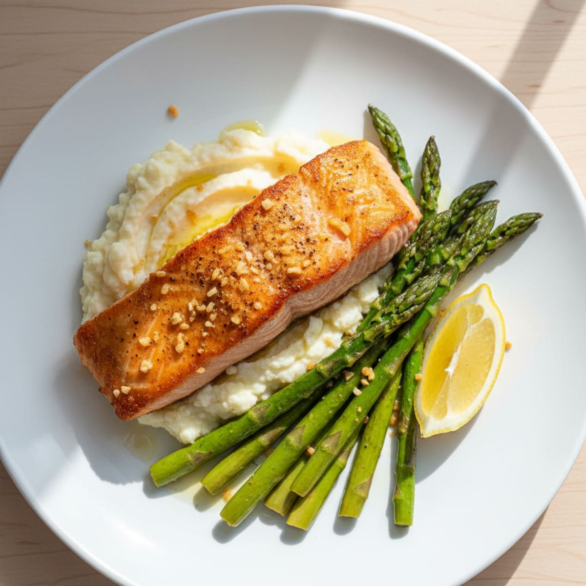 Seared Salmon with Roasted Asparagus and Cauliflower Mash