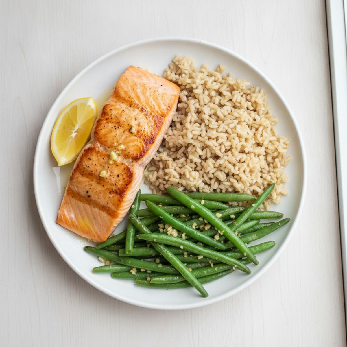 Seared Salmon with Garlic Green Beans and Brown Rice