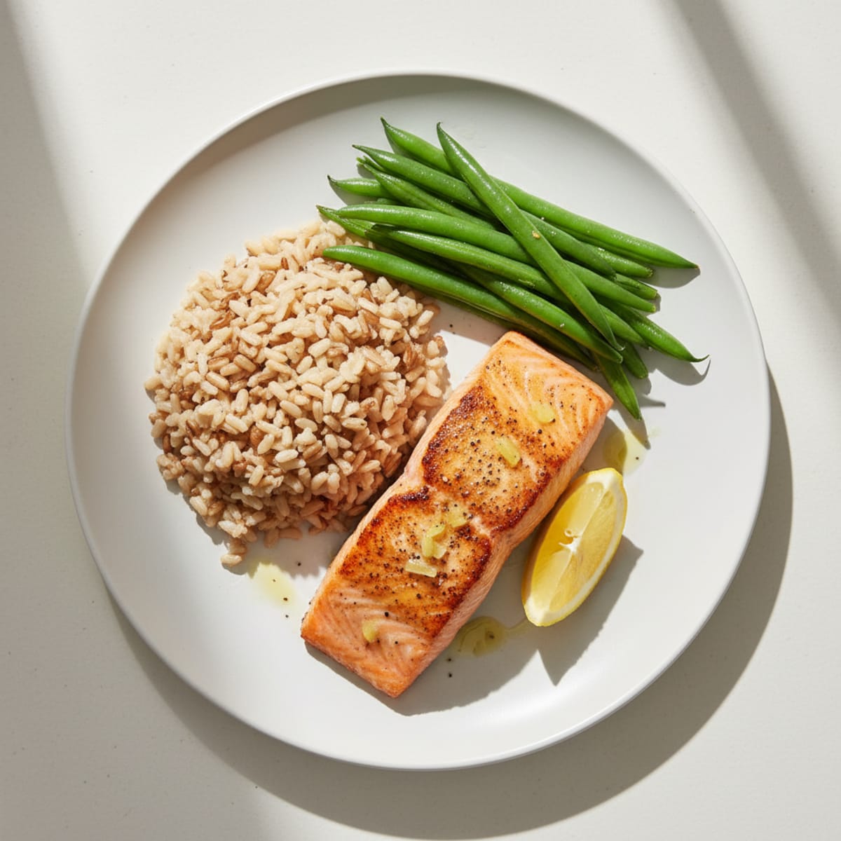 Seared Salmon Fillet with Steamed Green Beans and Brown Rice