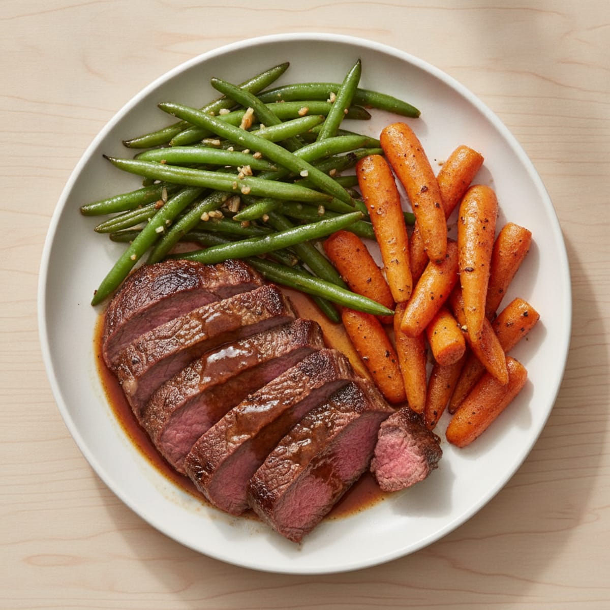 Seared Sirloin Steak with Garlic Green Beans and Roasted Carrots