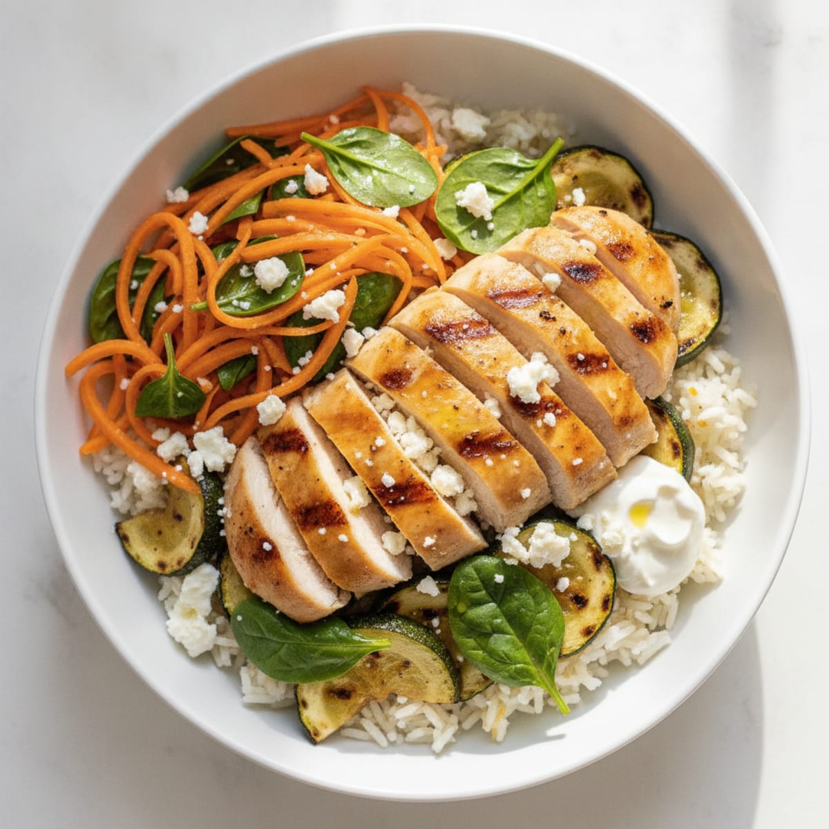 Grilled Chicken and Zucchini Rice Bowl with Carrot Slaw