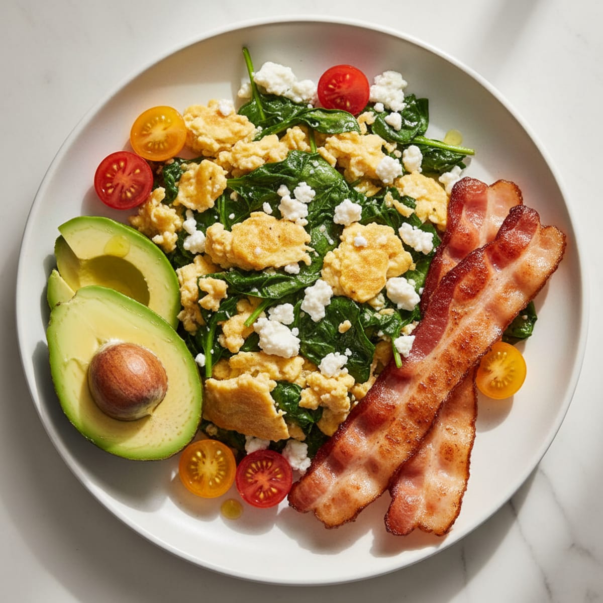 Cottage Cheese Scramble with Spinach and Turkey Bacon