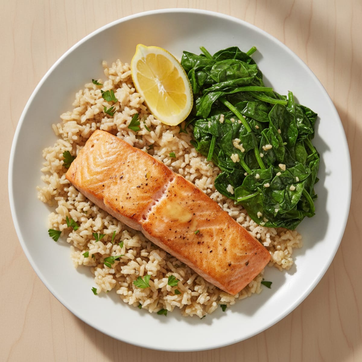 Seared Salmon with Garlic Spinach and Herb Rice