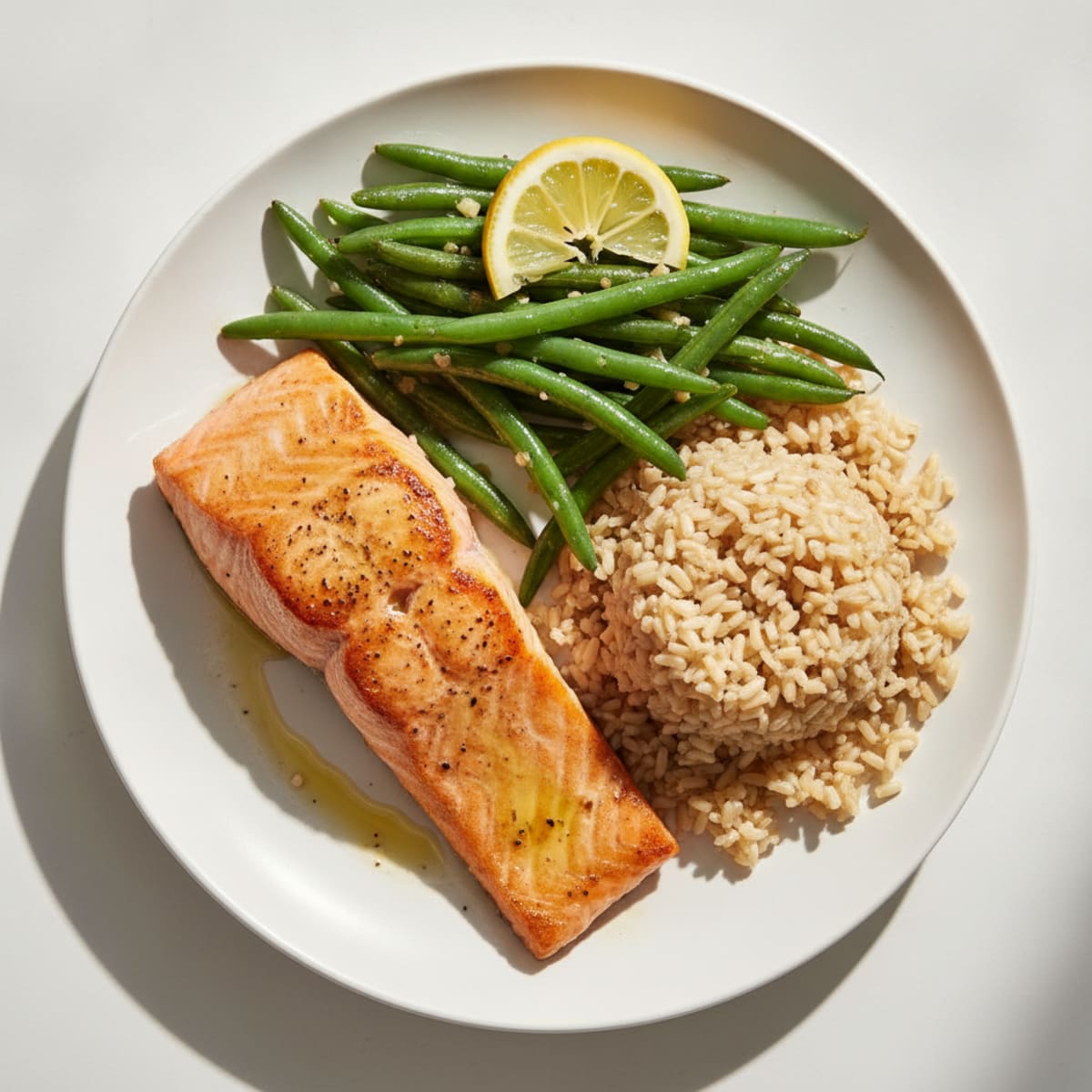 Seared Salmon Fillet with Garlic Green Beans and Brown Rice