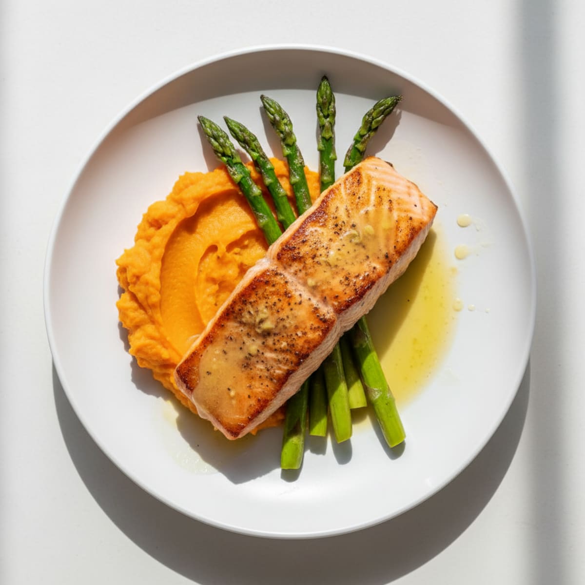 Seared Salmon with Roasted Asparagus and Sweet Potato Mash