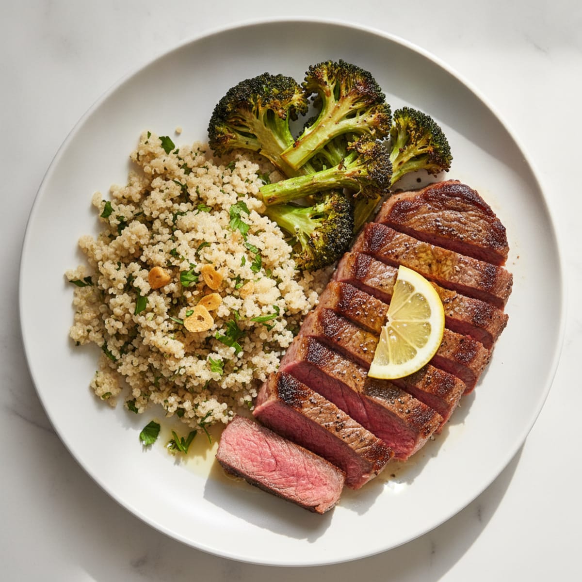 Seared Beef Steak with Roasted Broccoli and Herb-Quinoa