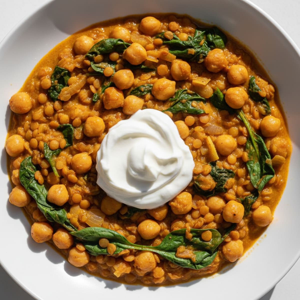 Creamy Lentil and Chickpea Stew with Spinach