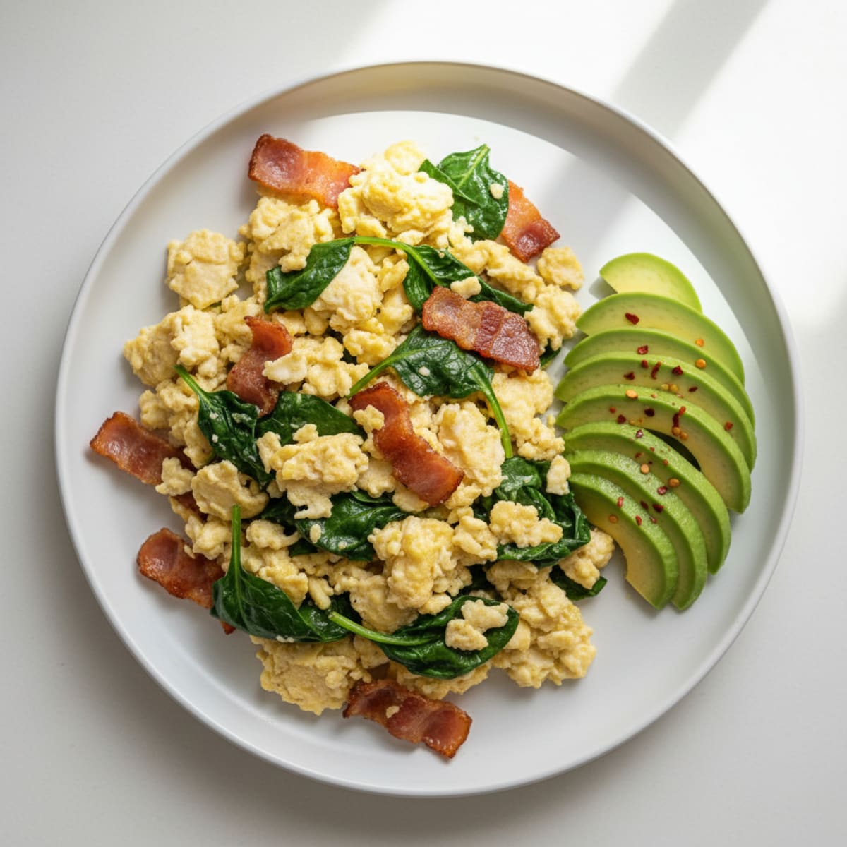 Crispy Turkey Bacon Egg White Scramble with Sautéed Spinach