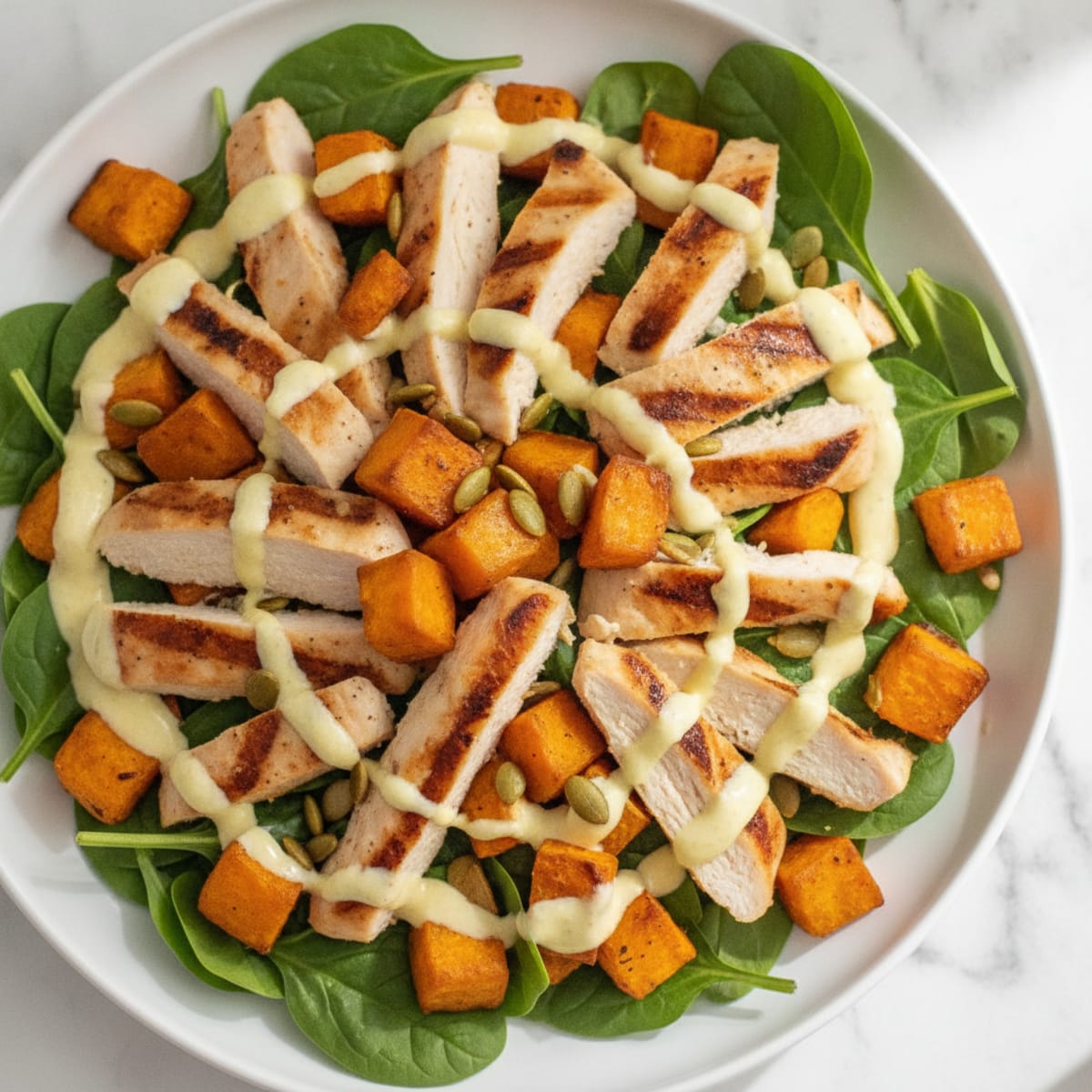 Grilled Chicken and Roasted Sweet Potato Salad with Spinach
