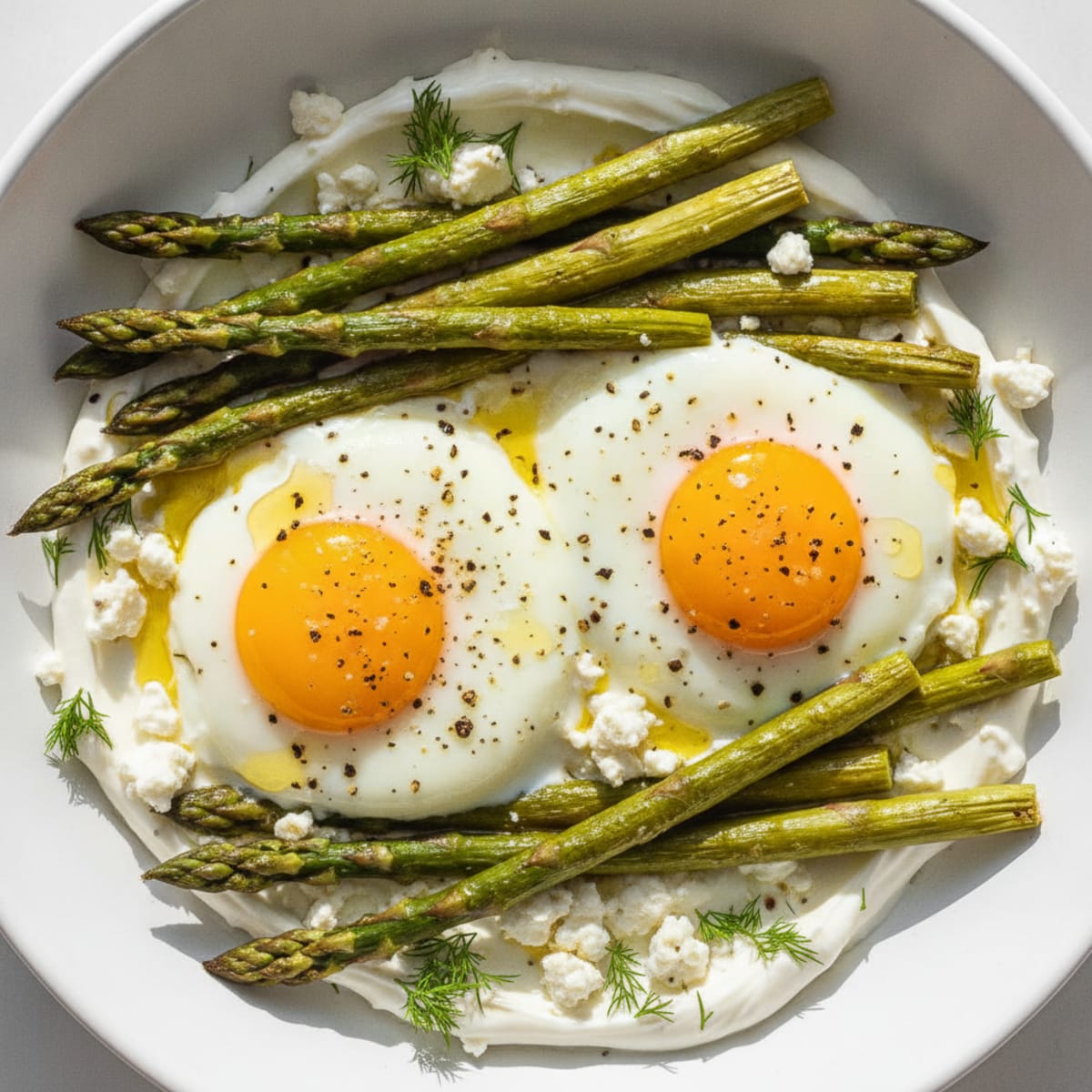 Baked Eggs with Roasted Asparagus & Herbed Yogurt