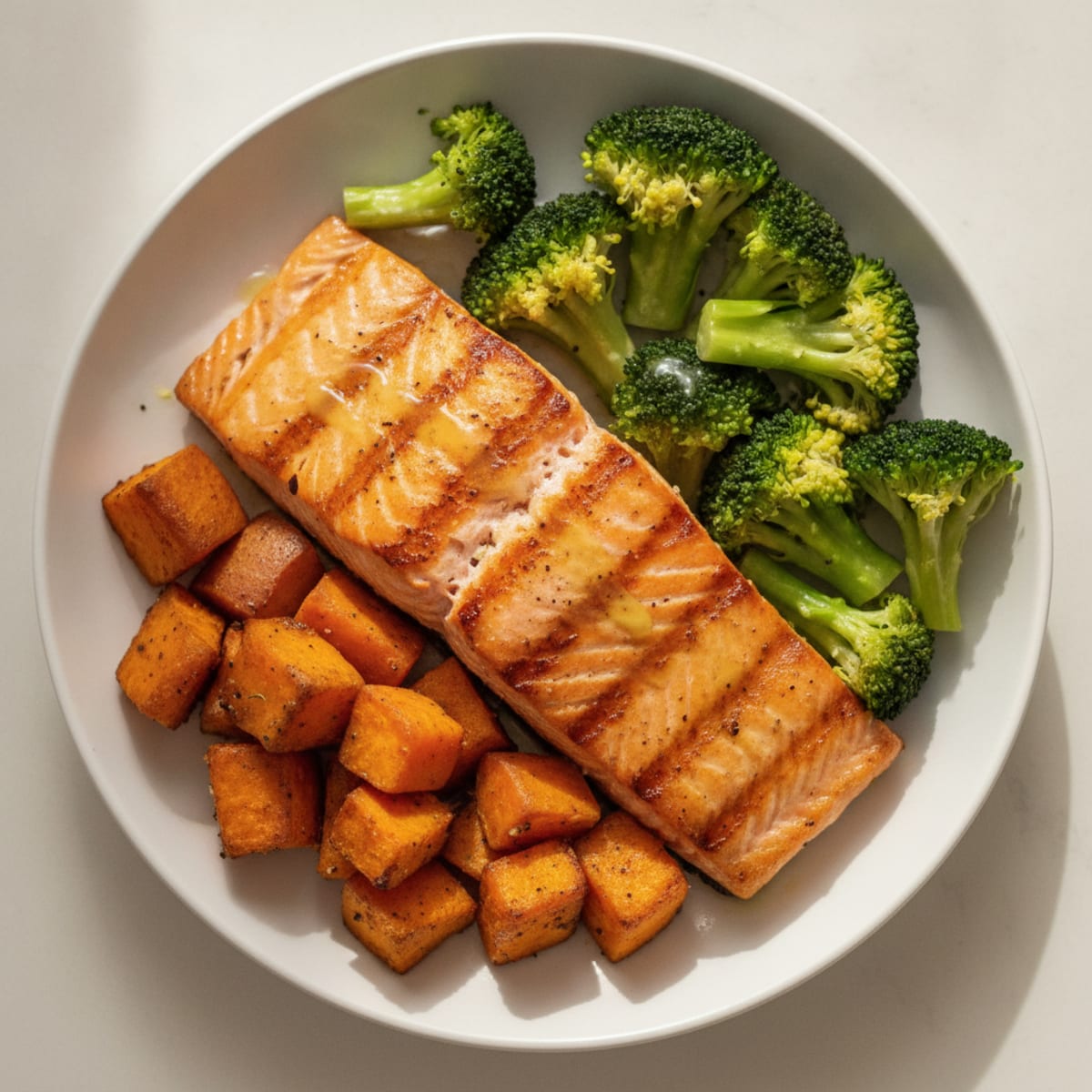 Seared Salmon with Steamed Broccoli and Roasted Sweet Potato
