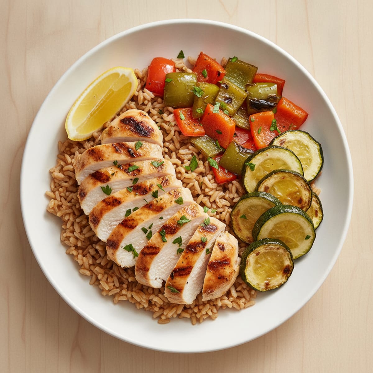 Grilled Chicken and Brown Rice Bowl with Roasted Vegetables
