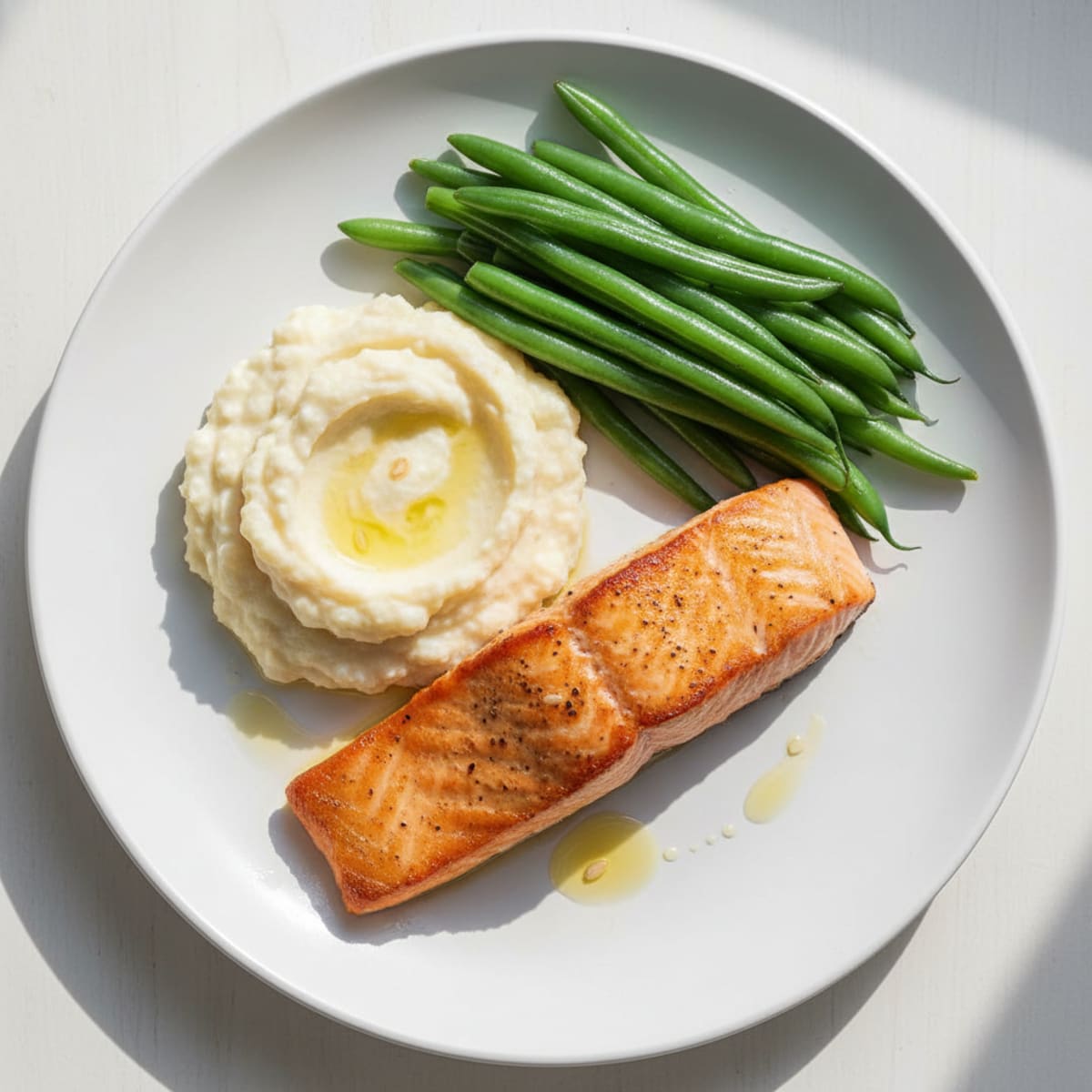 Seared Salmon with Steamed Green Beans and Cauliflower Mash