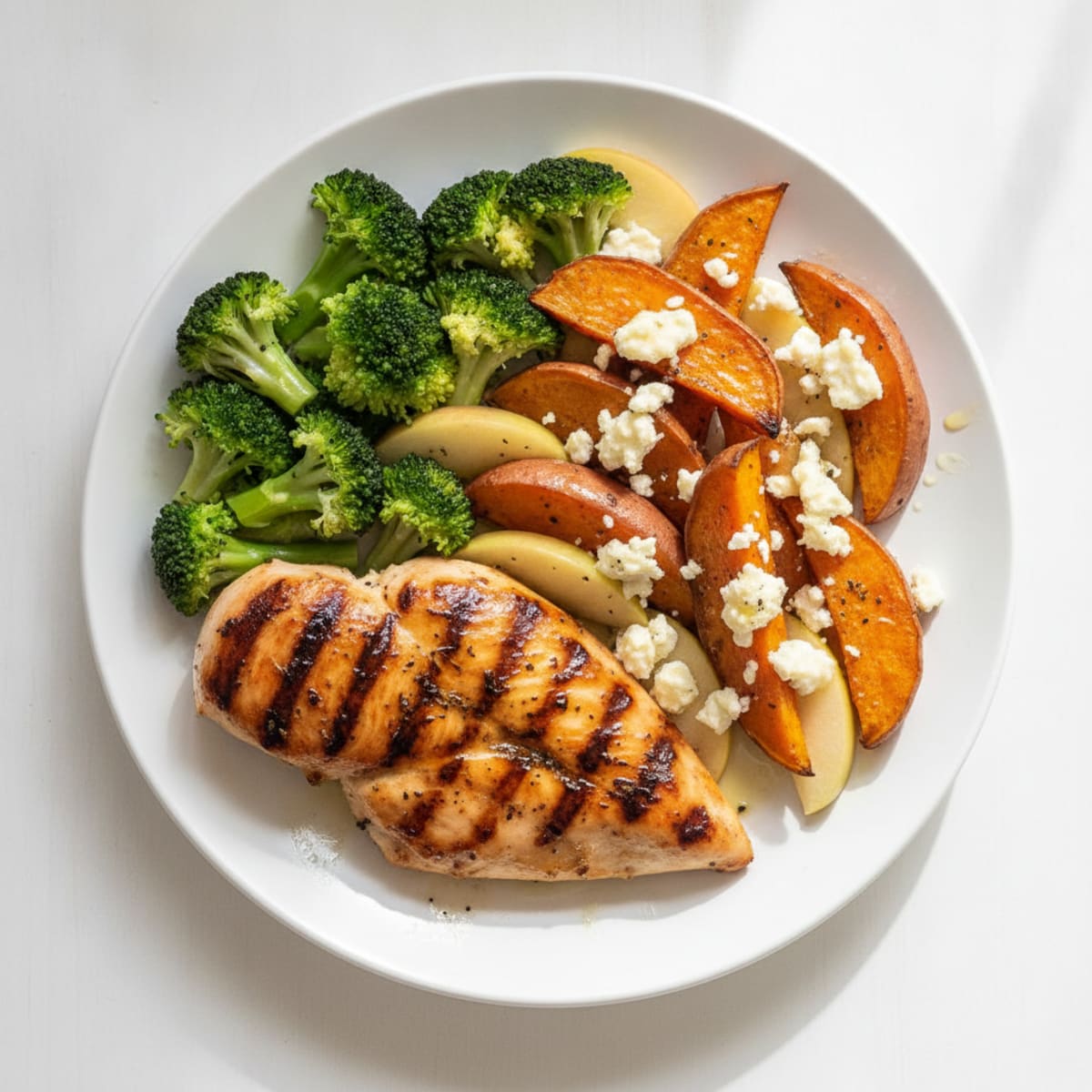 Grilled Chicken Breast with Roasted Sweet Potatoes and Steamed Broccoli
