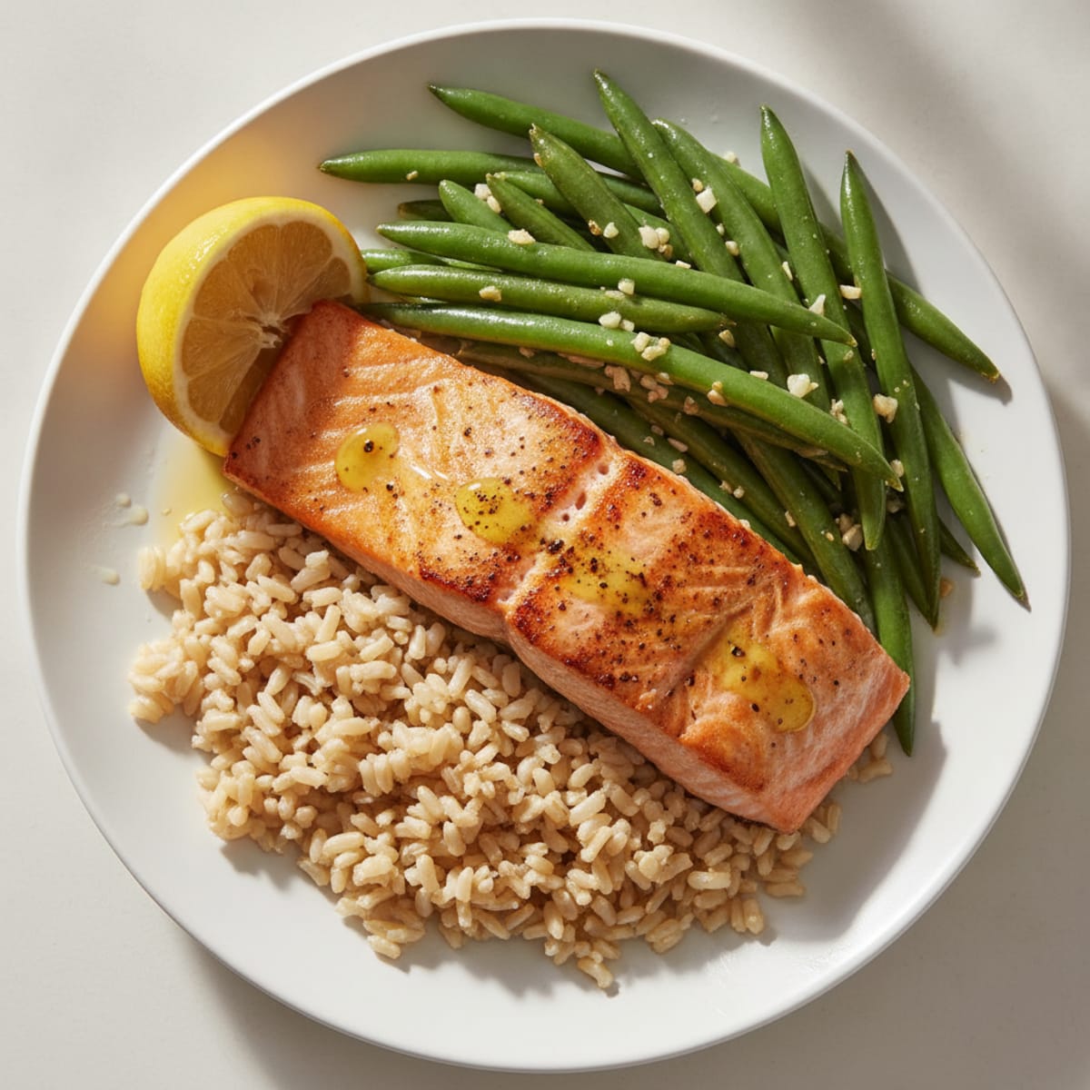 Seared Salmon Fillet with Garlic Green Beans and Brown Rice